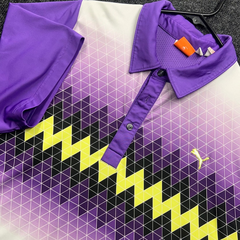 Puma Golf Polo Shirt Mens XL Purple White Geometric Zig Zag Sportlifestyle Logo